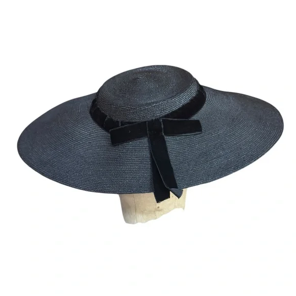 1930s/1940s Helen La Belle Smart Millinery Wide-Brimmed Straw Platter Hat w/Velv - Picture 4 of 6